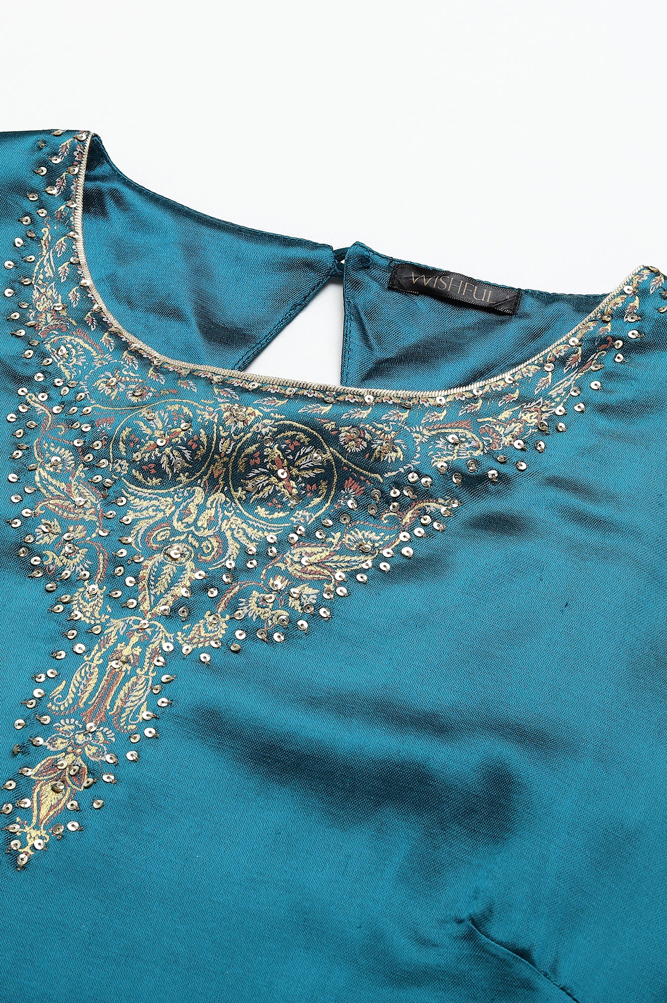 Teal Mashroo Silk Kurta With Peach Slim Pants And Dupatta