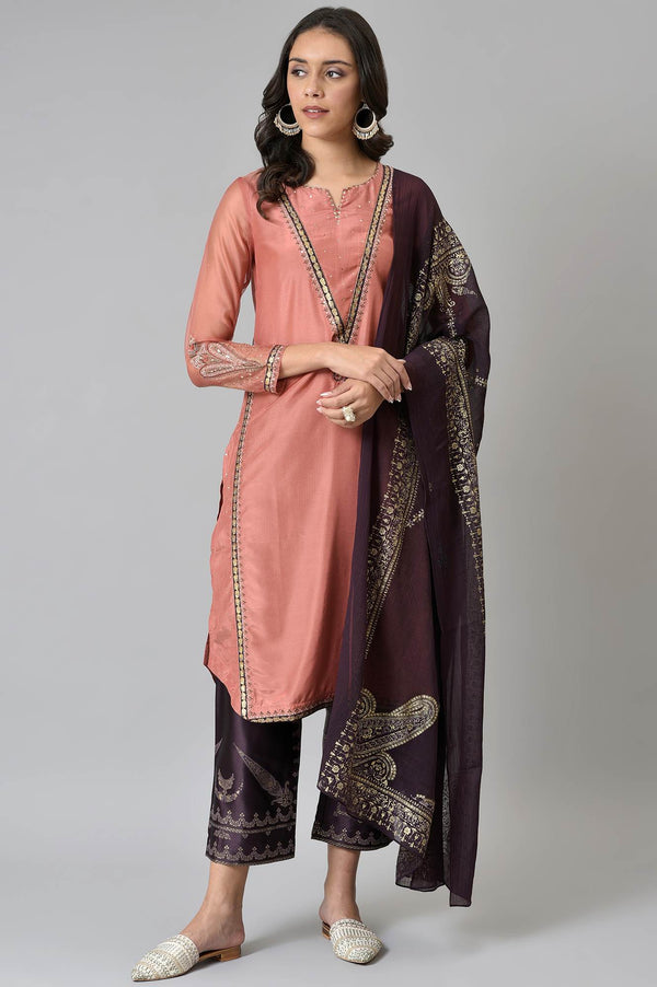 Peach Embroidered kurta With Purple Parallel Pants And Dupatta