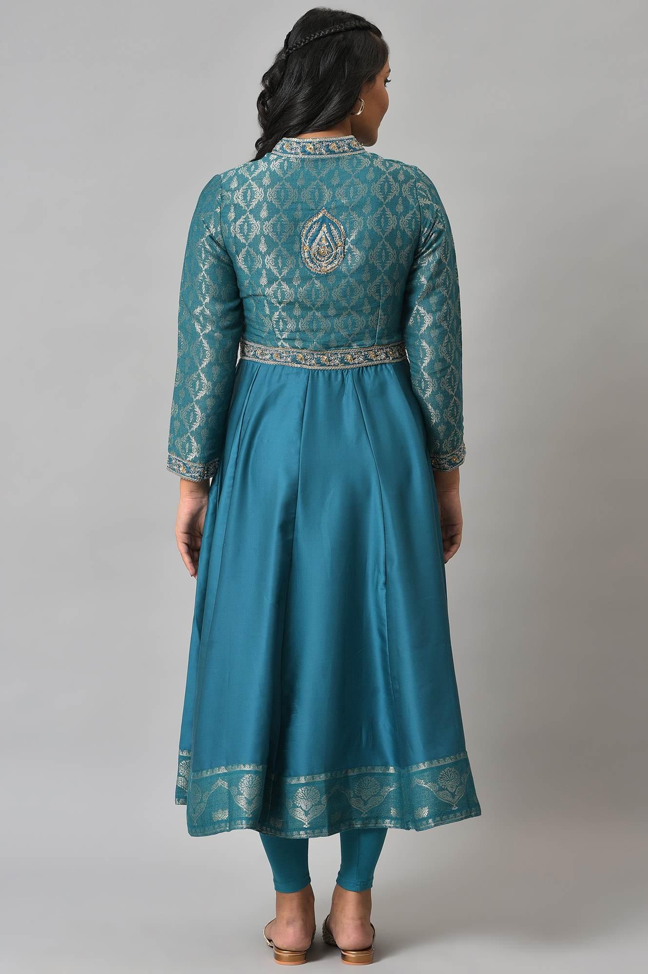 Teal Embroidered Anarkali Mughal Gown With Tights - wforwoman