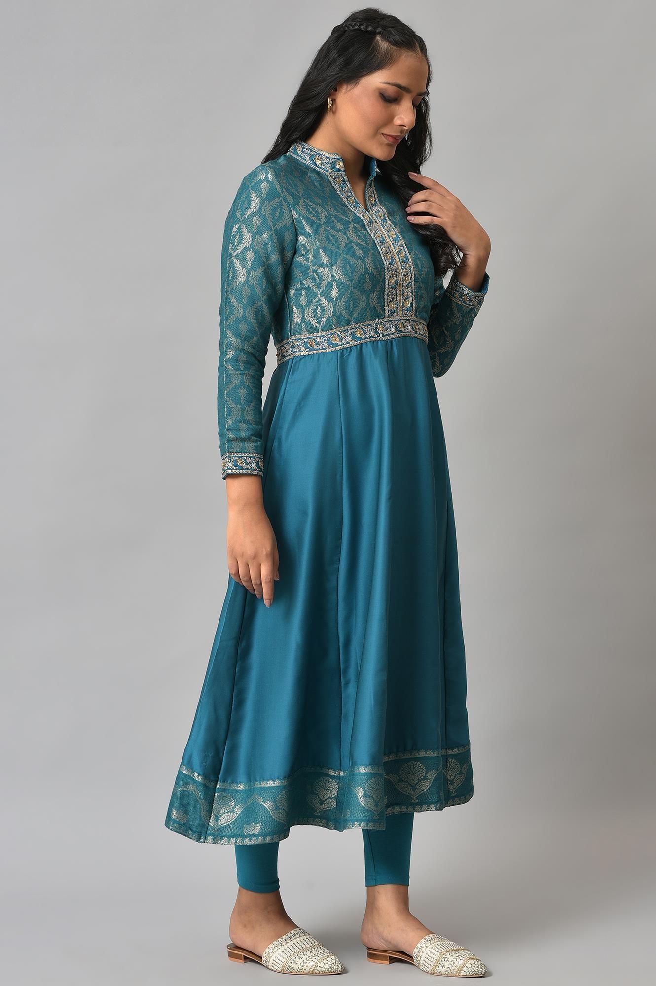 Teal Embroidered Anarkali Mughal Gown With Tights - wforwoman