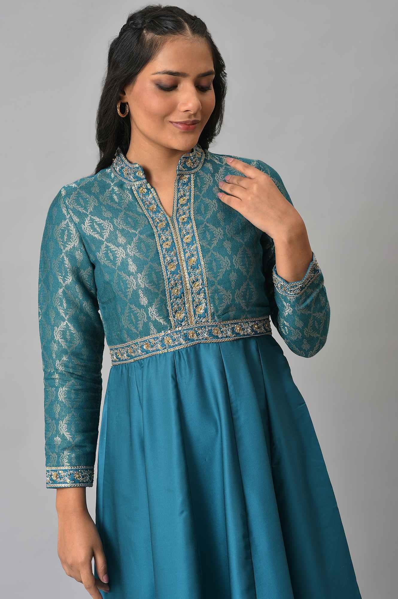 Teal Embroidered Anarkali Mughal Gown With Tights - wforwoman