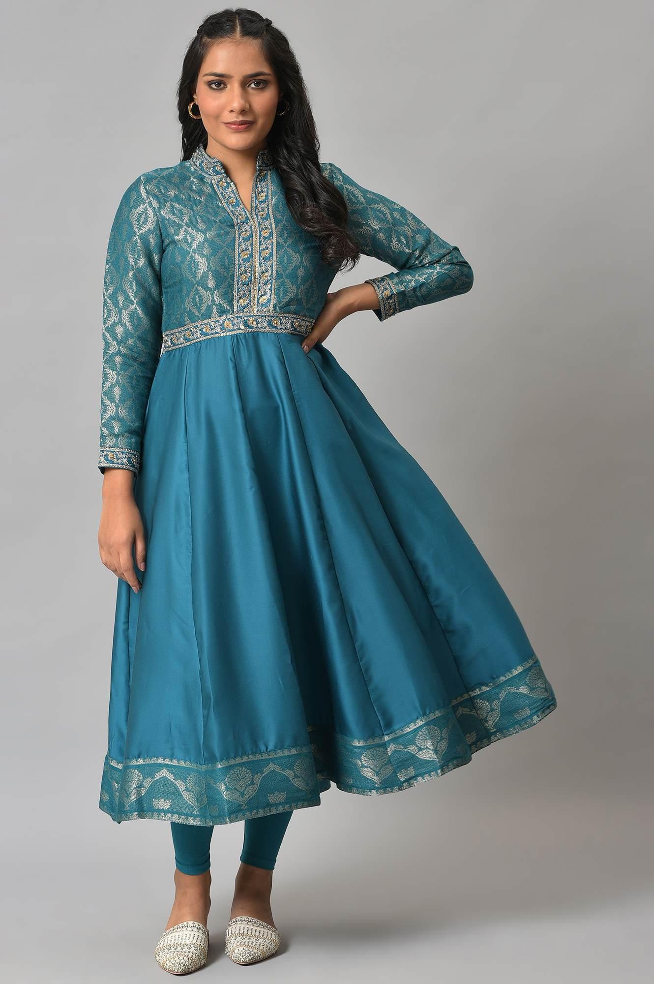 Teal Embroidered Anarkali Mughal Gown With Tights - wforwoman