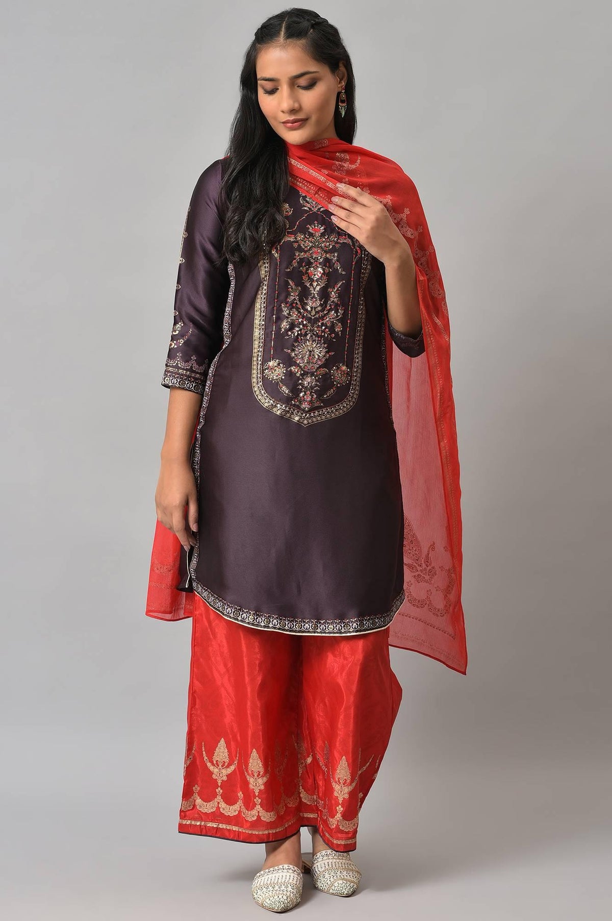 Purple Japanese Satin Short kurta With Red Parallel Pants And Dupatta - S