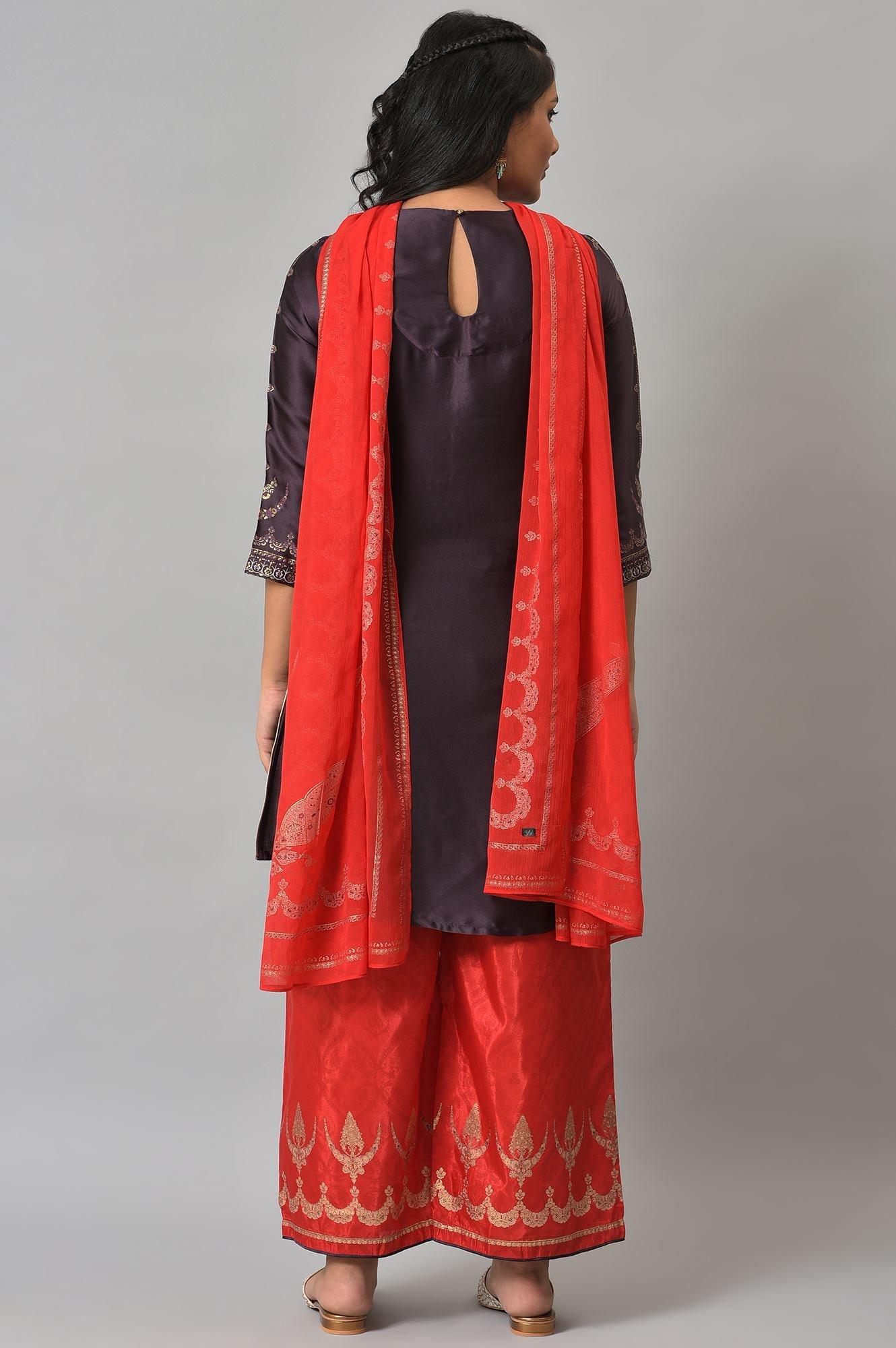 Purple Japanese Satin Short kurta With Red Parallel Pants And Dupatta - wforwoman