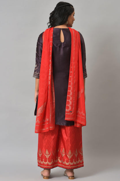 Purple Japanese Satin Short kurta With Red Parallel Pants And Dupatta - wforwoman