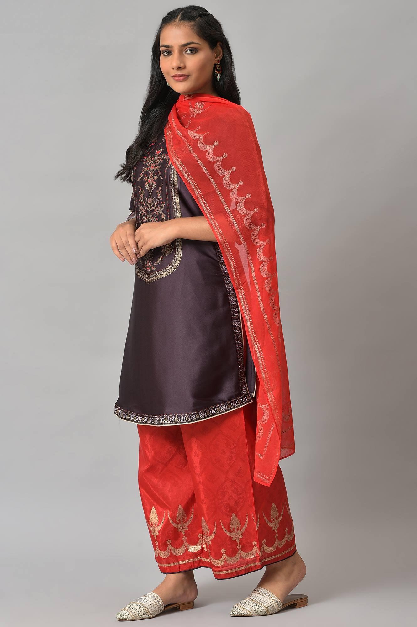 Purple Japanese Satin Short kurta With Red Parallel Pants And Dupatta - wforwoman