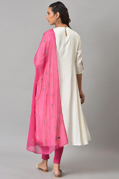 Ecru Embroudered Flared kurta In Round Neck With Tights And Chiffon Dupatta - wforwoman