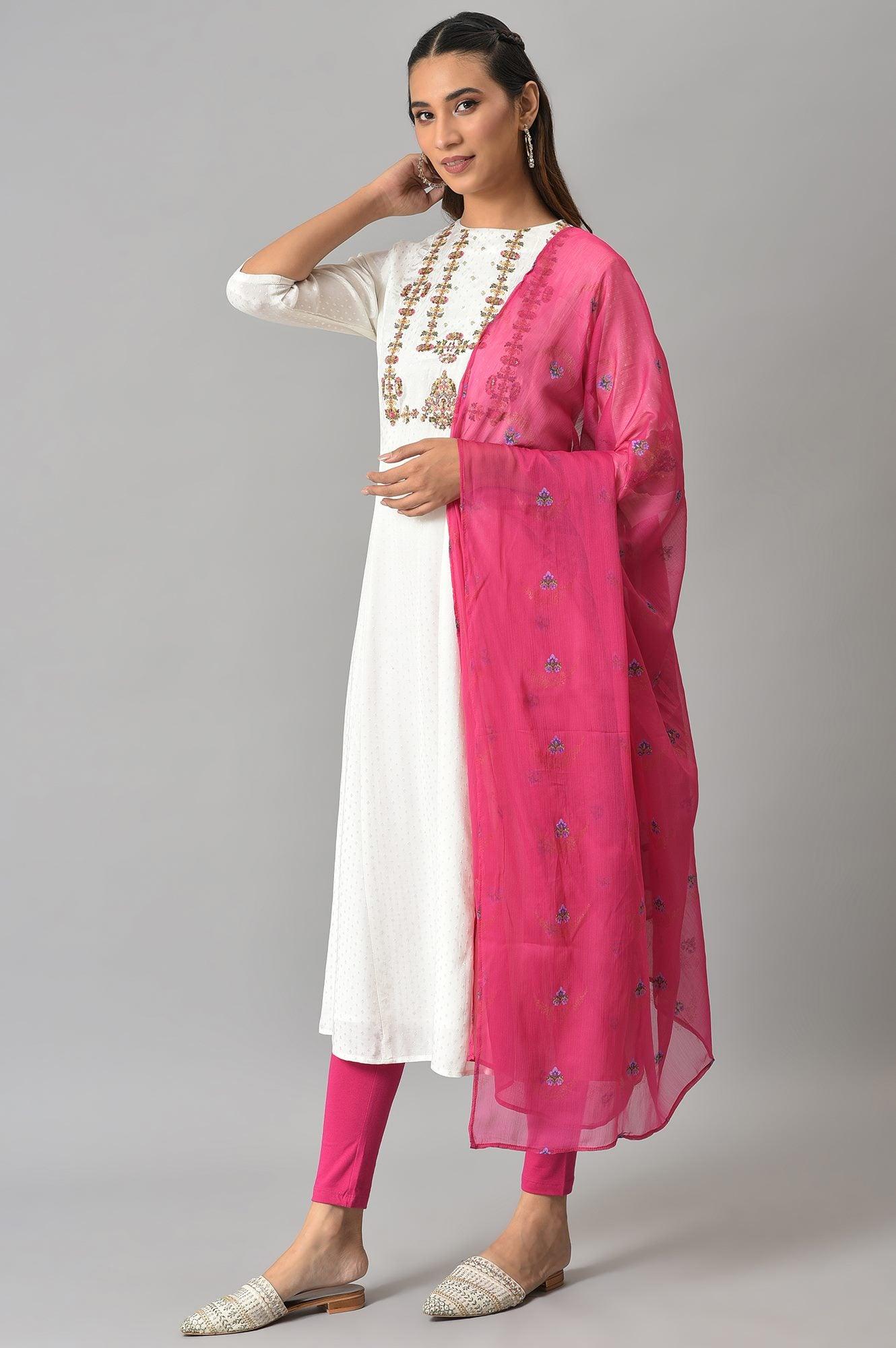 Ecru Embroudered Flared kurta In Round Neck With Tights And Chiffon Dupatta - wforwoman