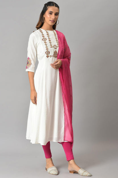 Ecru Embroudered Flared kurta In Round Neck With Tights And Chiffon Dupatta - wforwoman