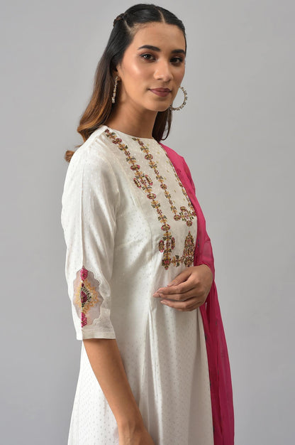Ecru Embroudered Flared kurta In Round Neck With Tights And Chiffon Dupatta - wforwoman