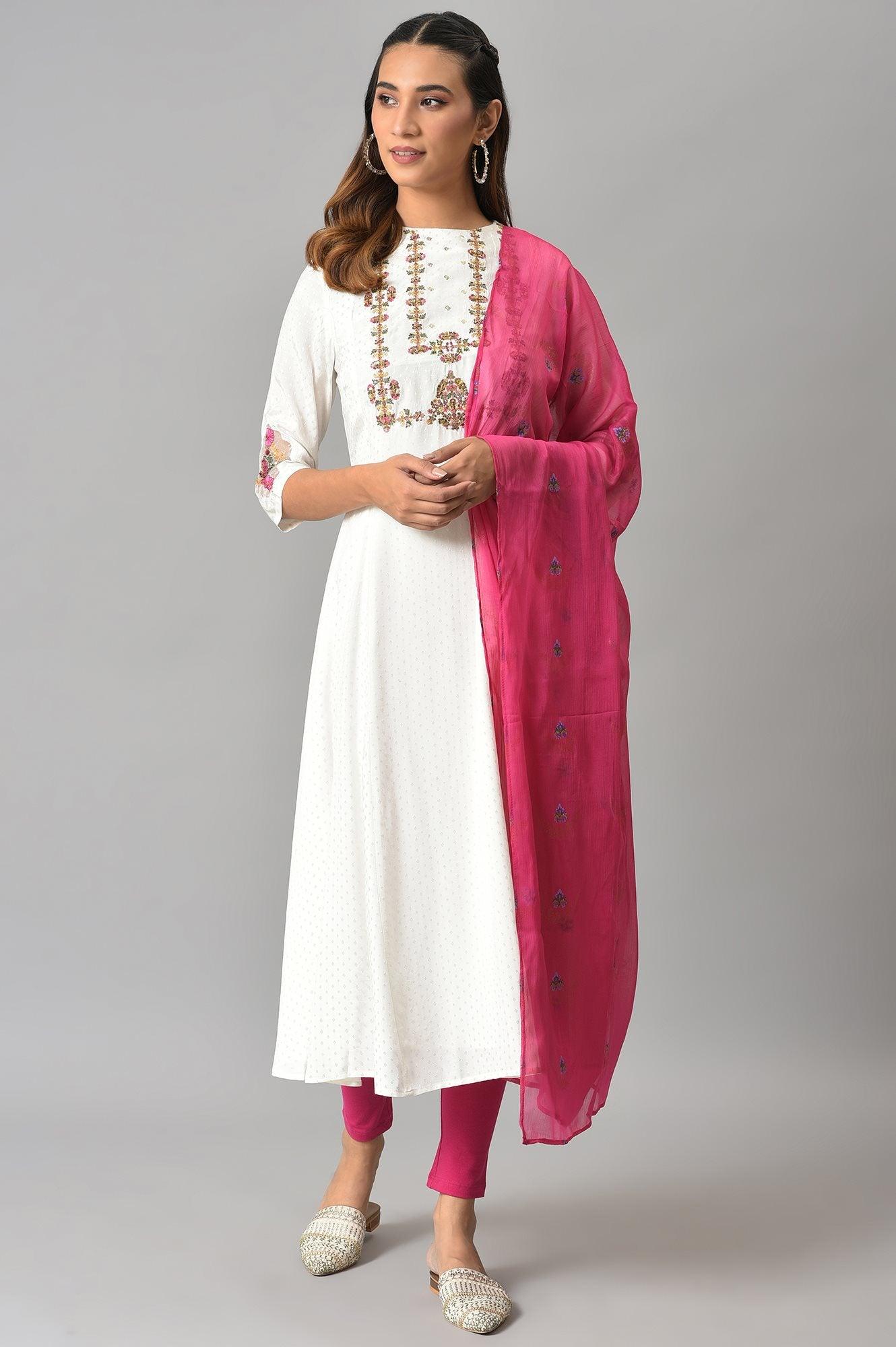 Ecru Embroudered Flared kurta In Round Neck With Tights And Chiffon Dupatta - wforwoman