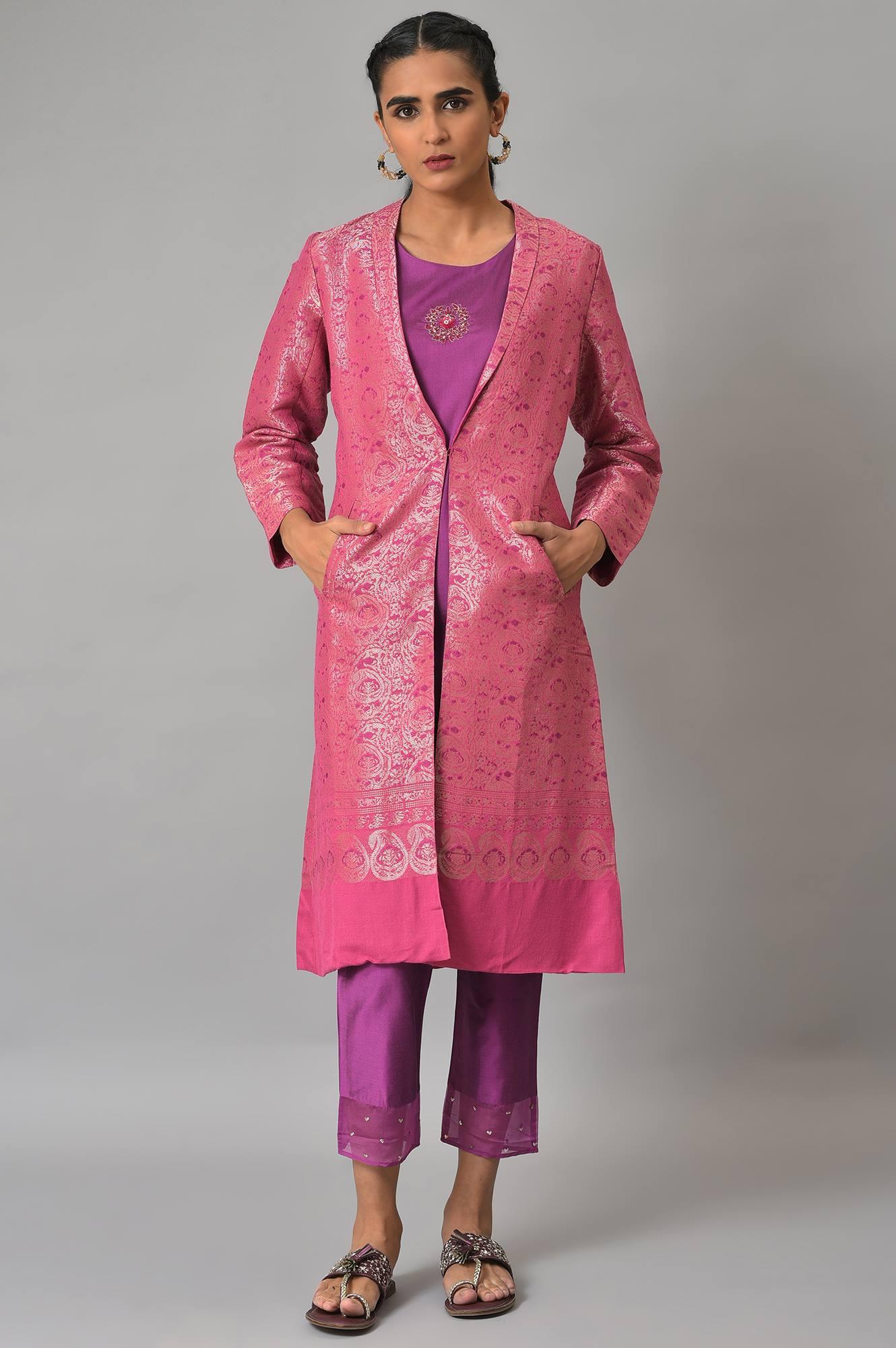 Pink Jacquard Jacket, Purple kurta &amp; Pant Suit Set - wforwoman