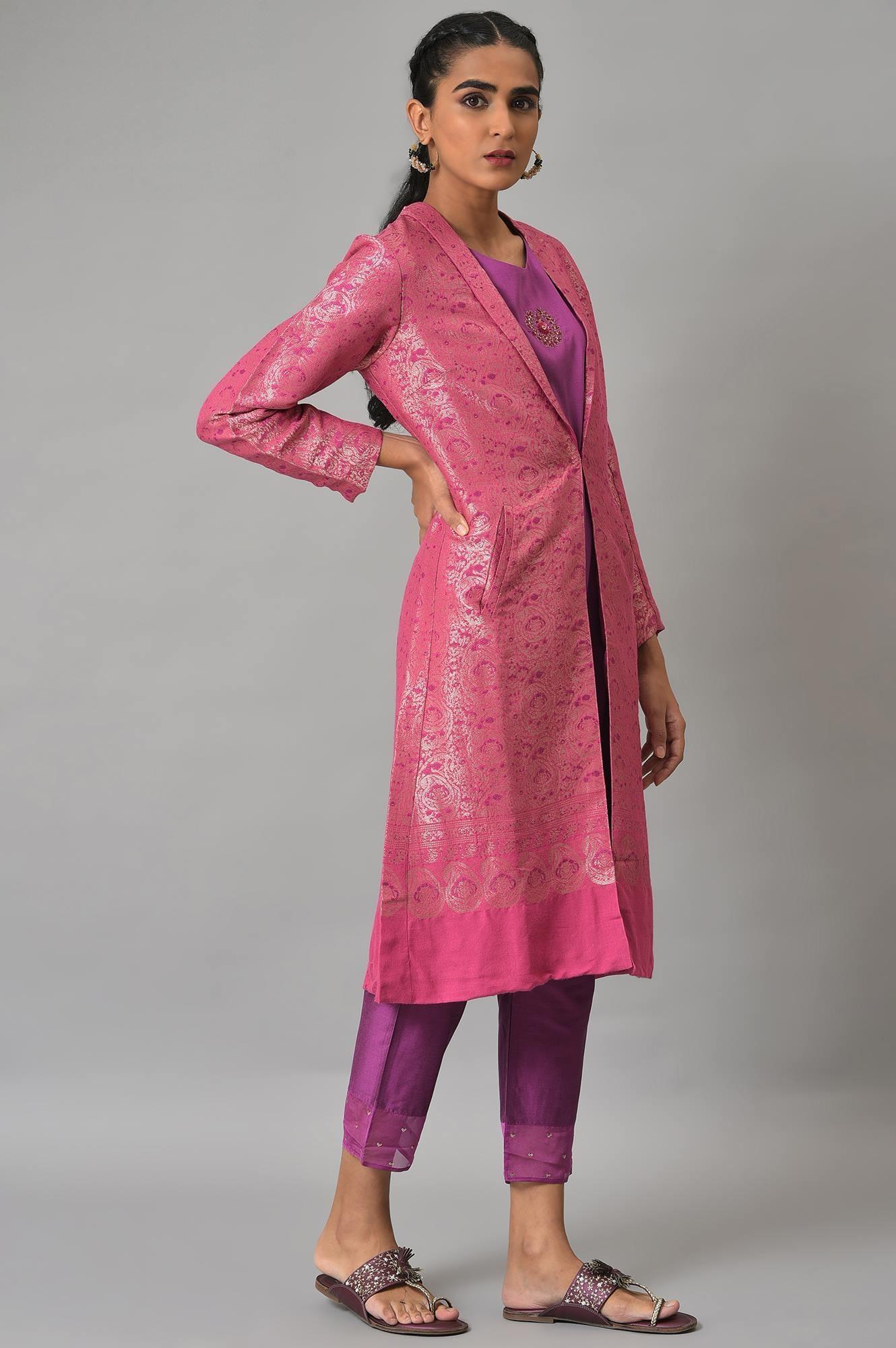 Pink Jacquard Jacket, Purple kurta &amp; Pant Suit Set - wforwoman