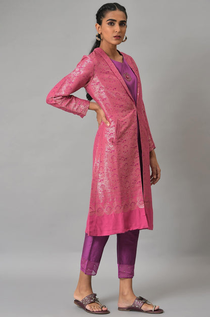Pink Jacquard Jacket, Purple kurta &amp; Pant Suit Set - wforwoman