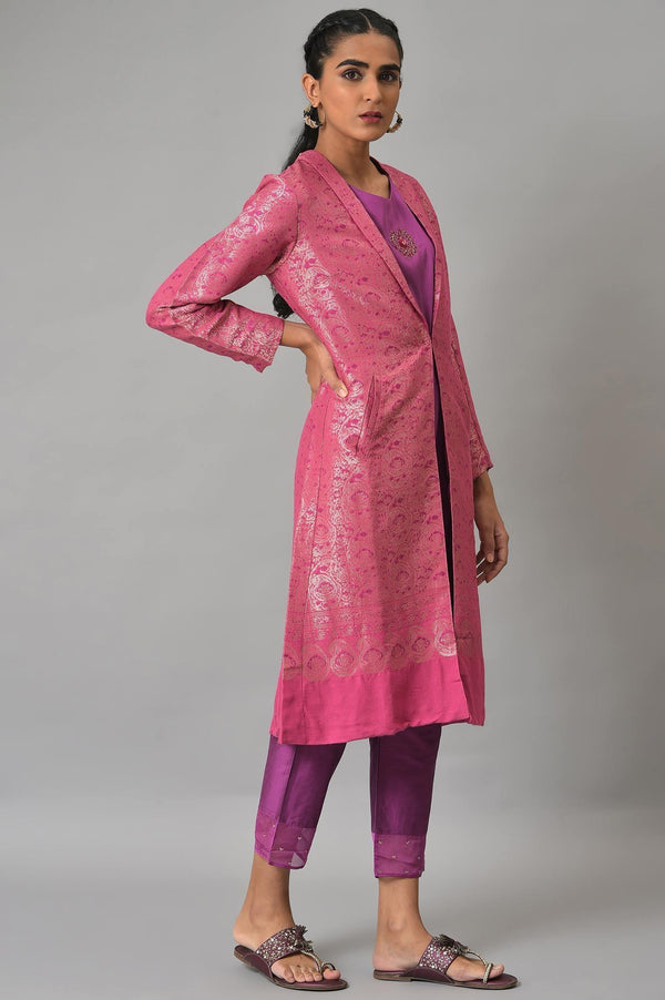 Pink Jacquard Jacket, Purple kurta & Pant Suit Set