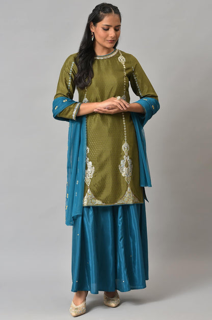 Olive Green Embroidered kurta With Teal Flared Pants And Dupatta - wforwoman