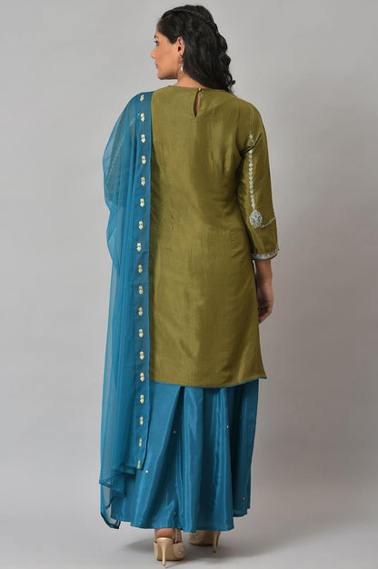 Olive Green Embroidered kurta With Teal Flared Pants And Dupatta - wforwoman