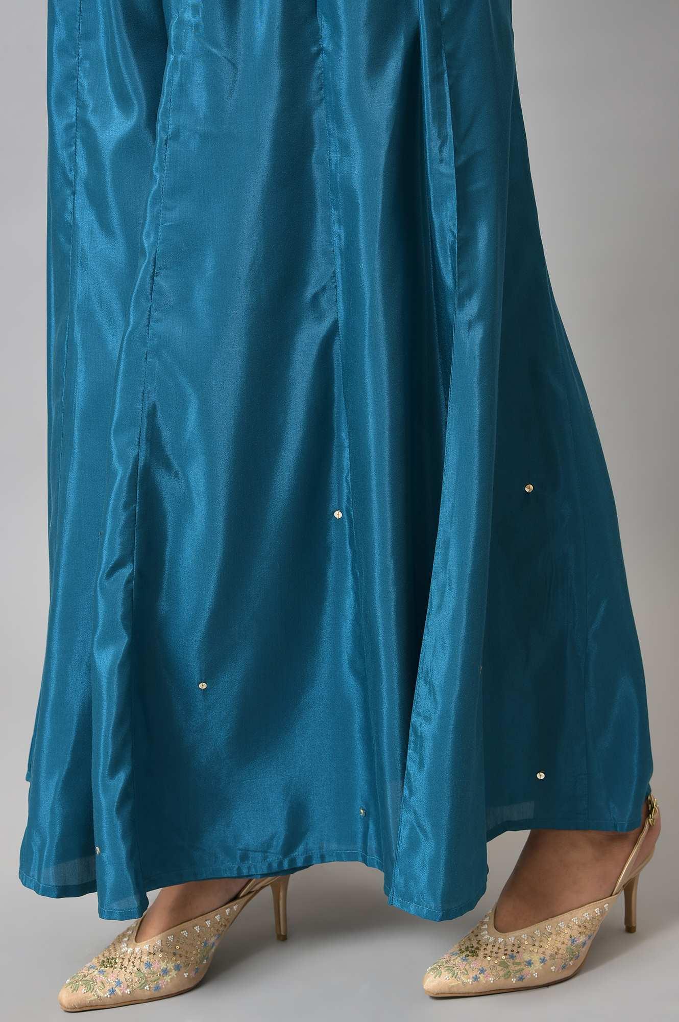 Olive Green Embroidered kurta With Teal Flared Pants And Dupatta - wforwoman