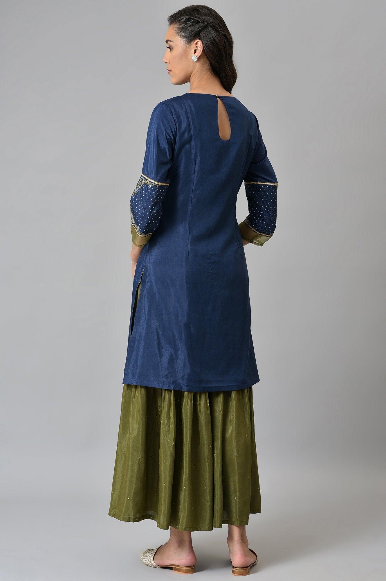 Royal Blue Embroidered kurta With Olive Green Sharara And Dupatta - wforwoman