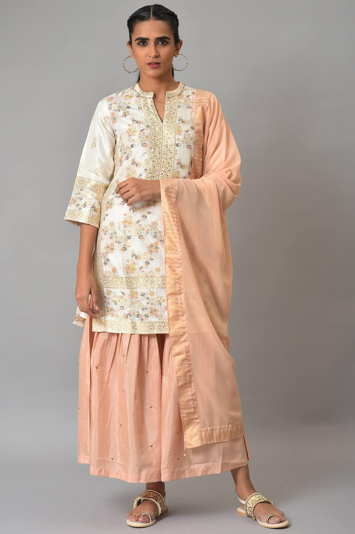 Ecru Short kurta And Pink Sharara With Dupatta Festive Set - XS