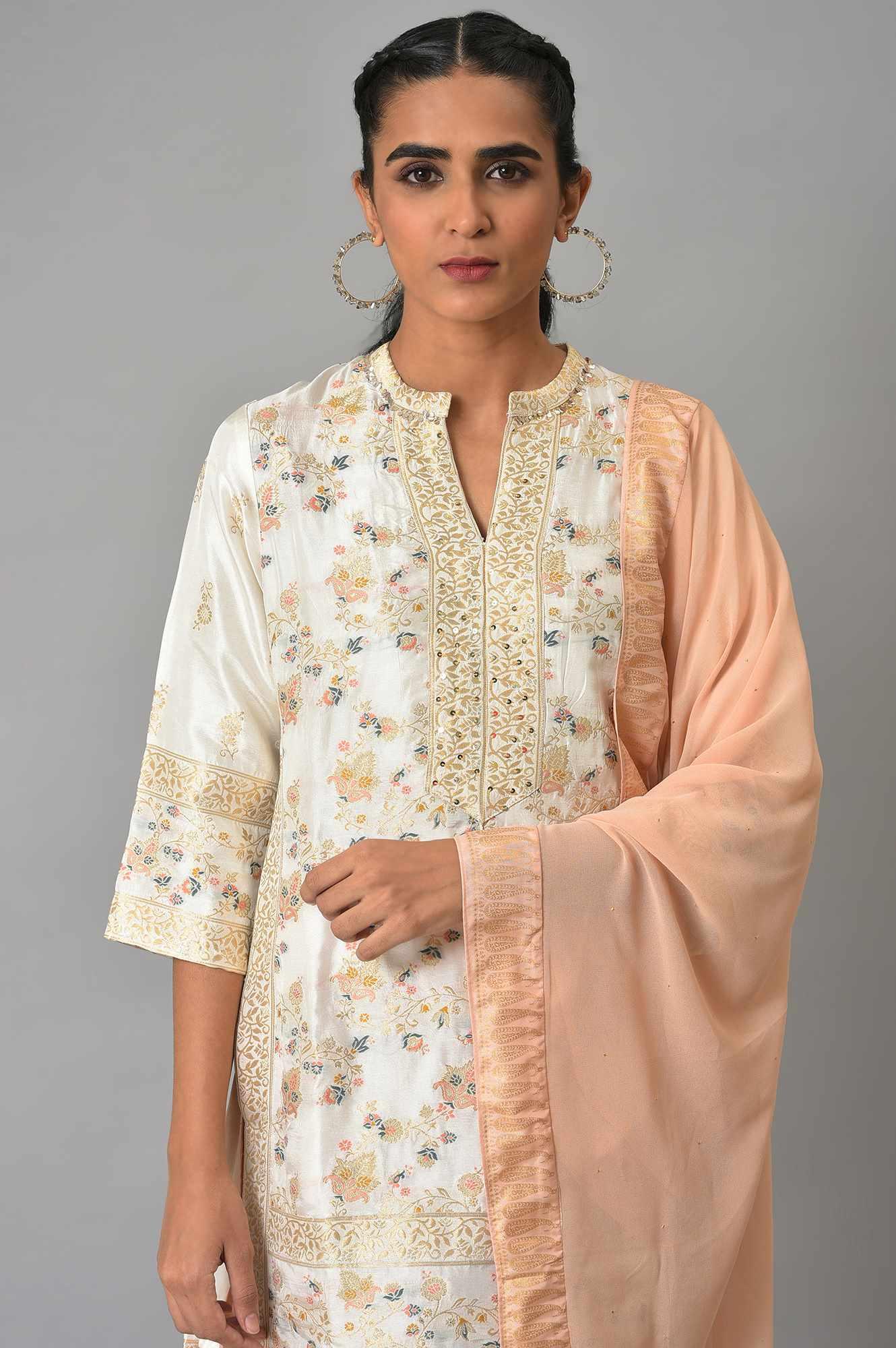 Ecru Short kurta And Pink Sharara With Dupatta Festive Set - wforwoman