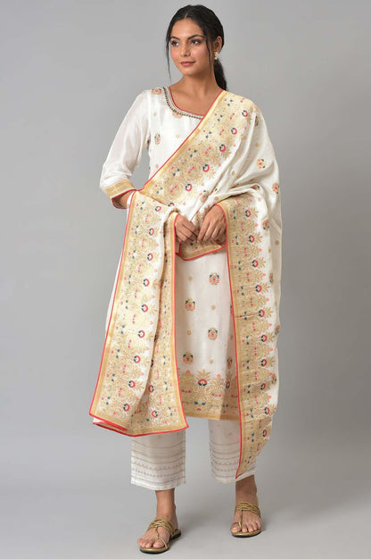Ecru Paisley Print kurta With Straight Pants And Dupatta - wforwoman