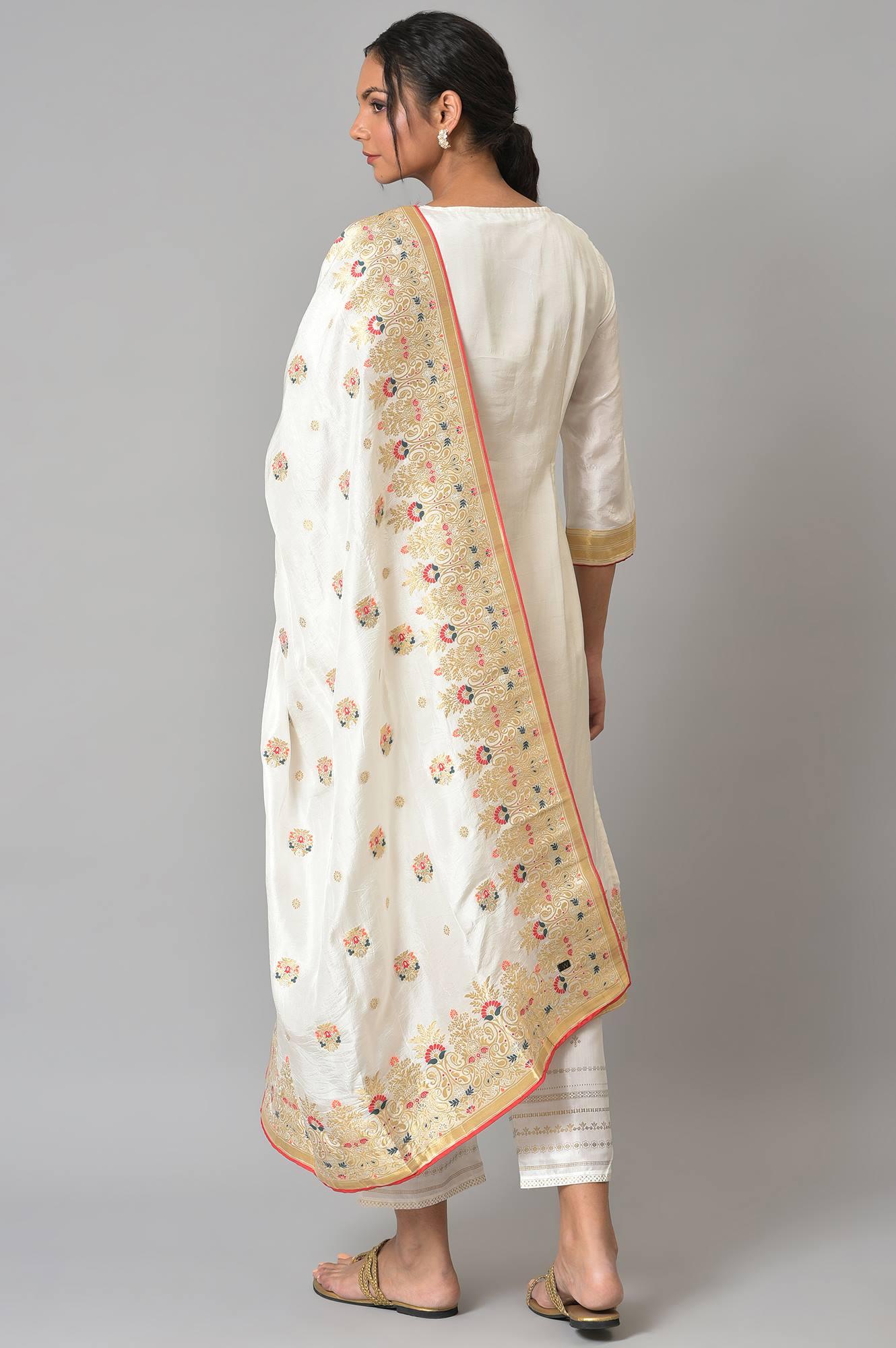 Ecru Paisley Print kurta With Straight Pants And Dupatta - wforwoman