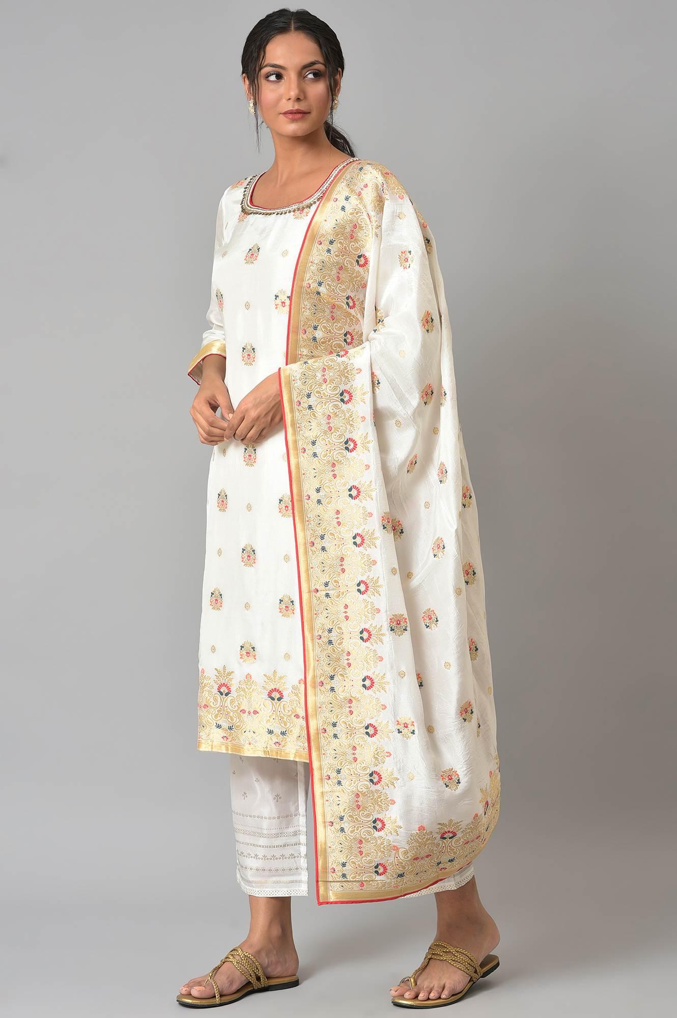 Ecru Paisley Print kurta With Straight Pants And Dupatta - wforwoman