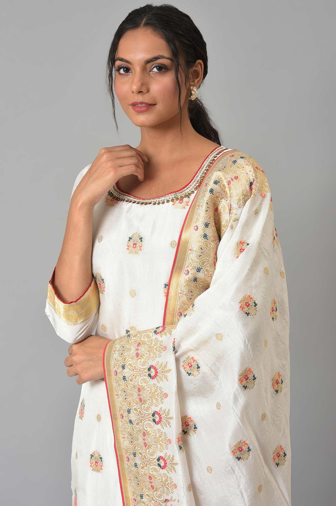 Ecru Paisley Print kurta With Straight Pants And Dupatta - wforwoman