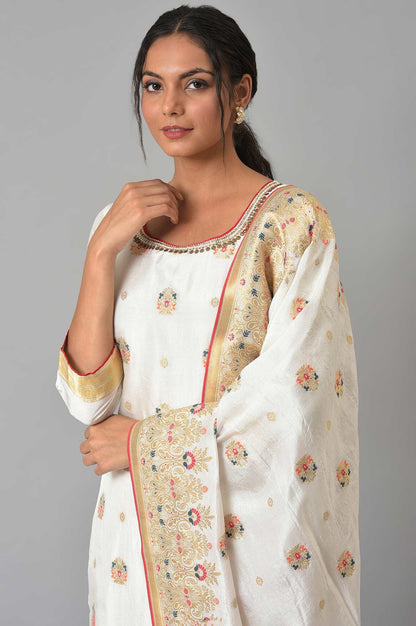 Ecru Paisley Print kurta With Straight Pants And Dupatta - wforwoman