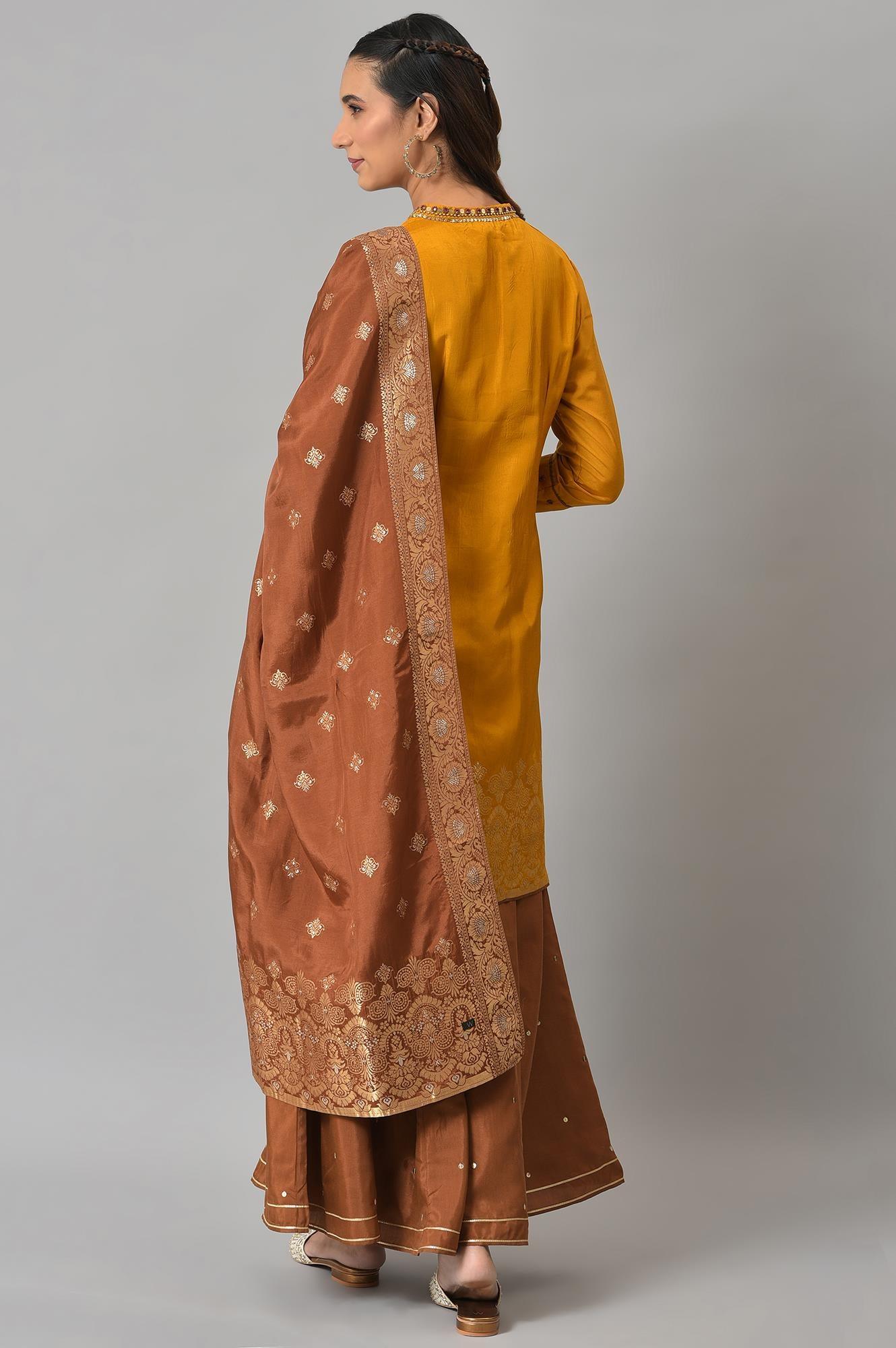 Mustard Embroidered kurta In Round Neck With Sharara And Dupatta Set - wforwoman