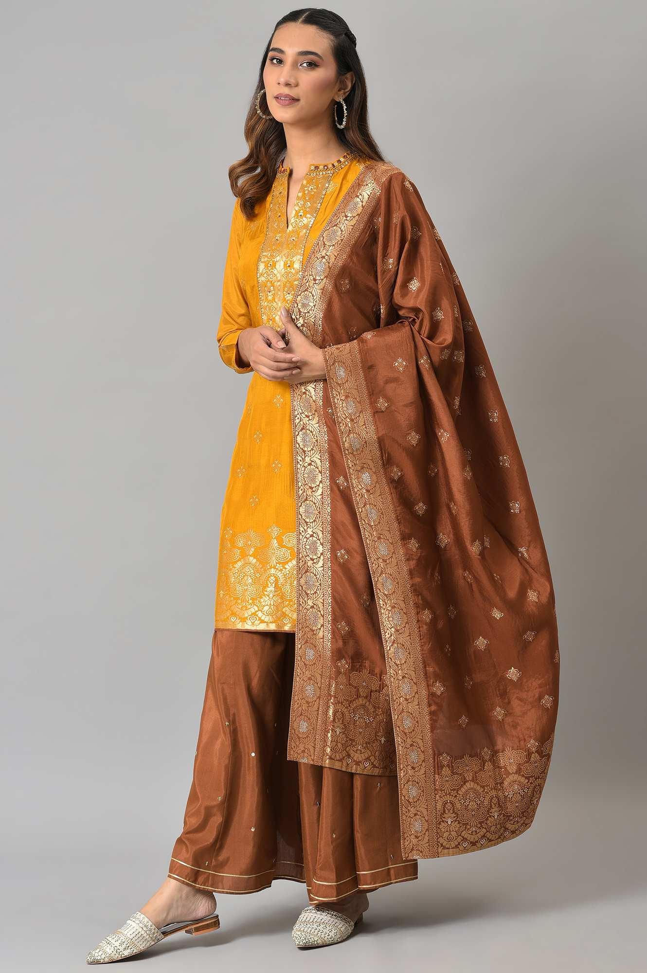 Mustard Embroidered kurta In Round Neck With Sharara And Dupatta Set - wforwoman