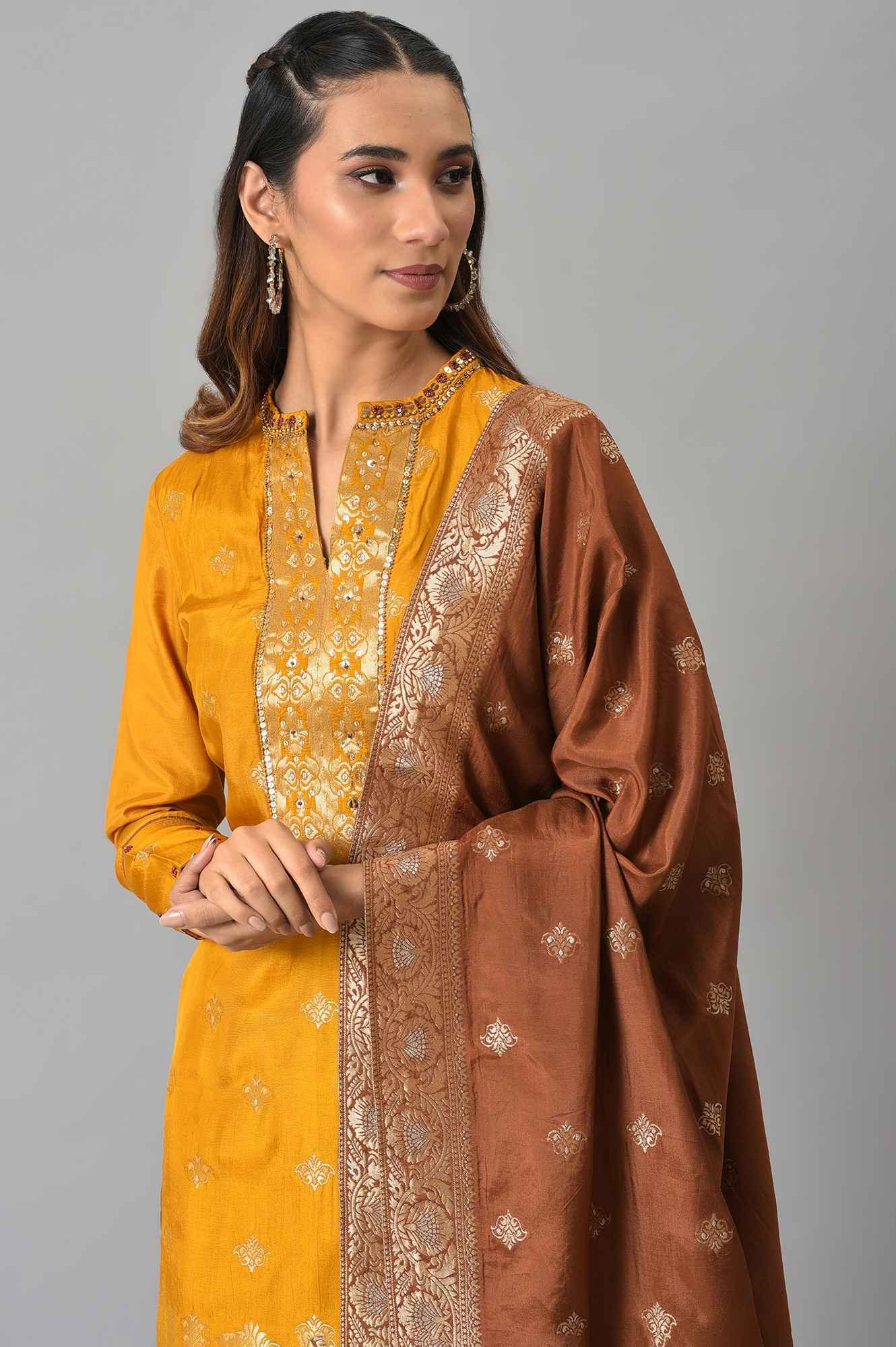 Mustard Embroidered kurta In Round Neck With Sharara And Dupatta Set - wforwoman