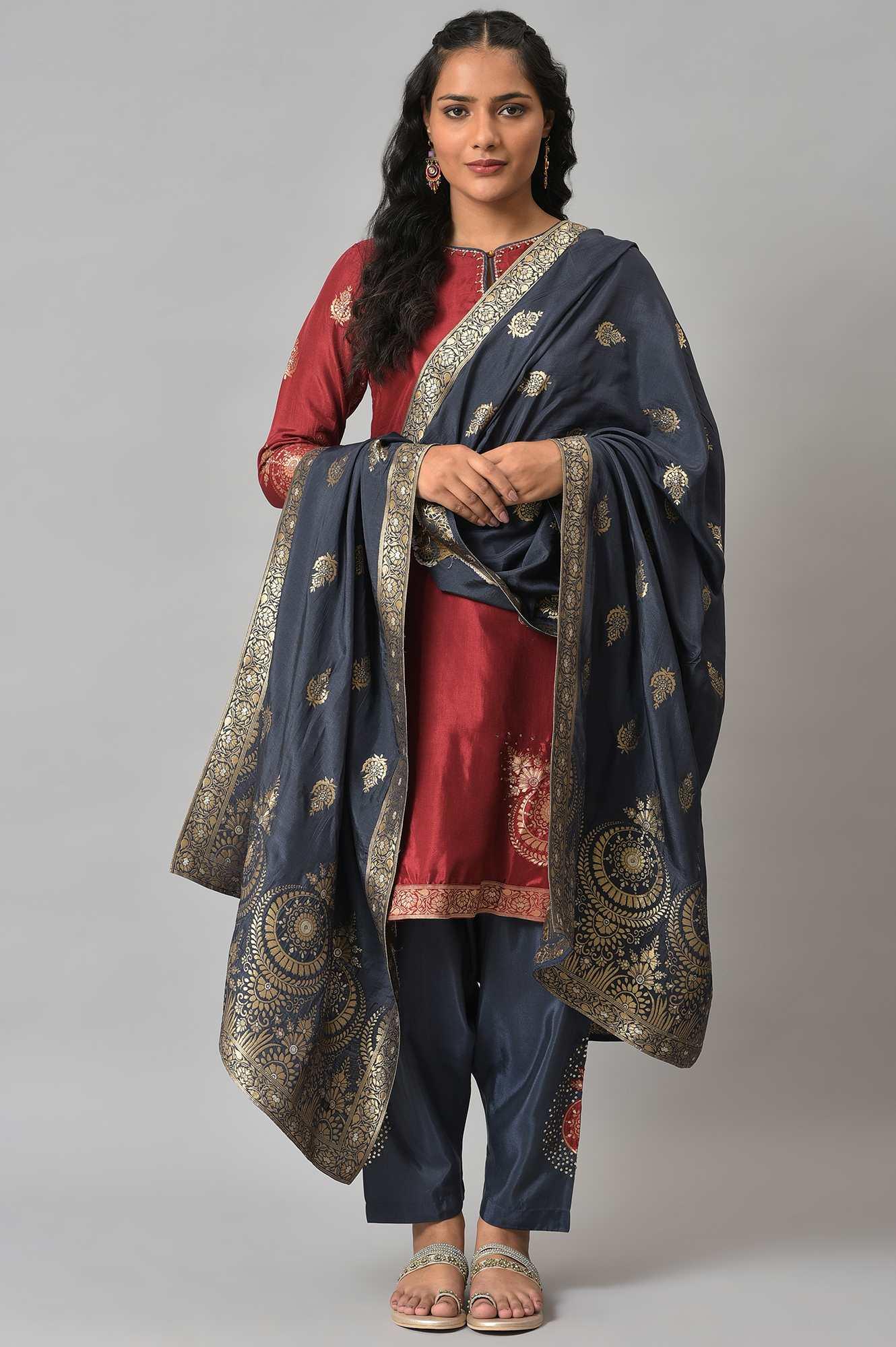 Red Embroidered kurta With Blue Salwar Pants And Dupatta - wforwoman