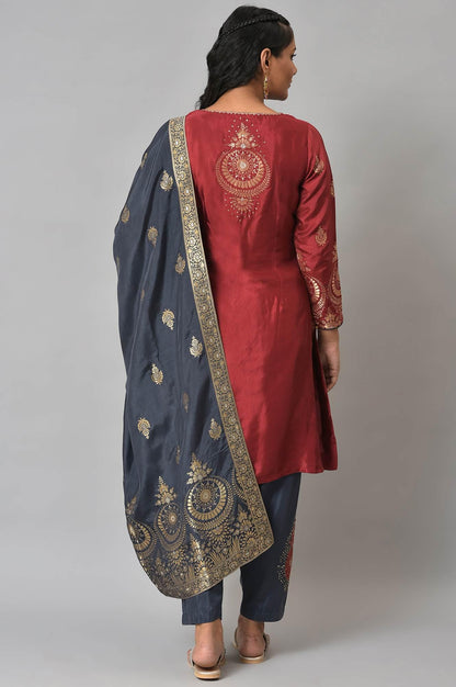 Red Embroidered kurta With Blue Salwar Pants And Dupatta - wforwoman