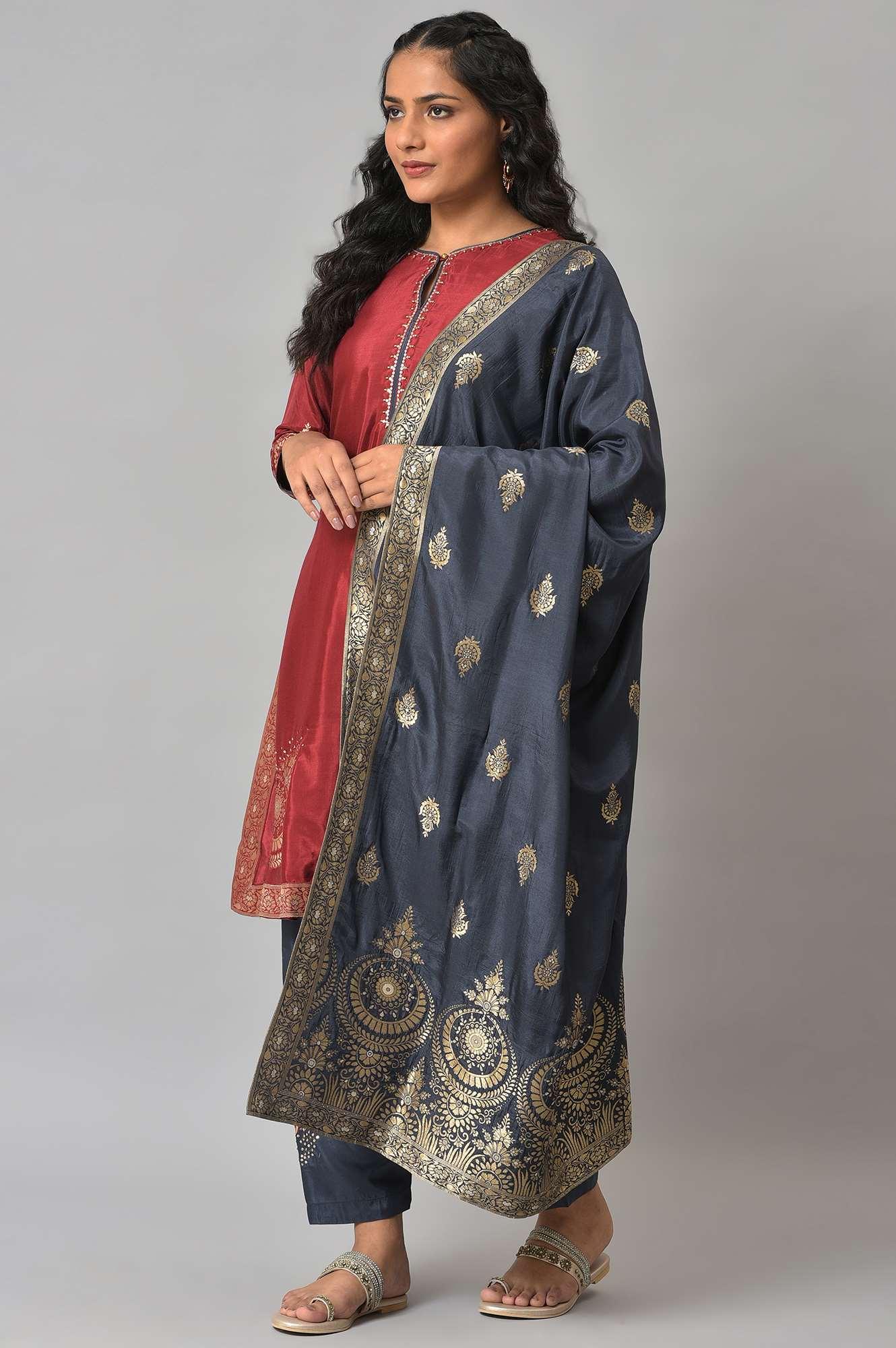 Red Embroidered kurta With Blue Salwar Pants And Dupatta - wforwoman