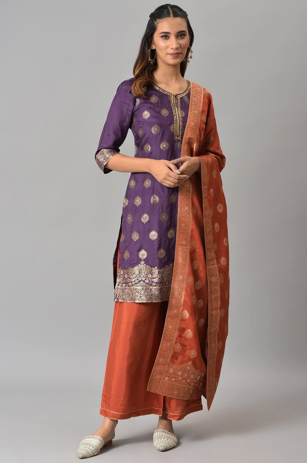 Purple Floral Print kurta With Orange Parallel Pants And Dupatta - 6