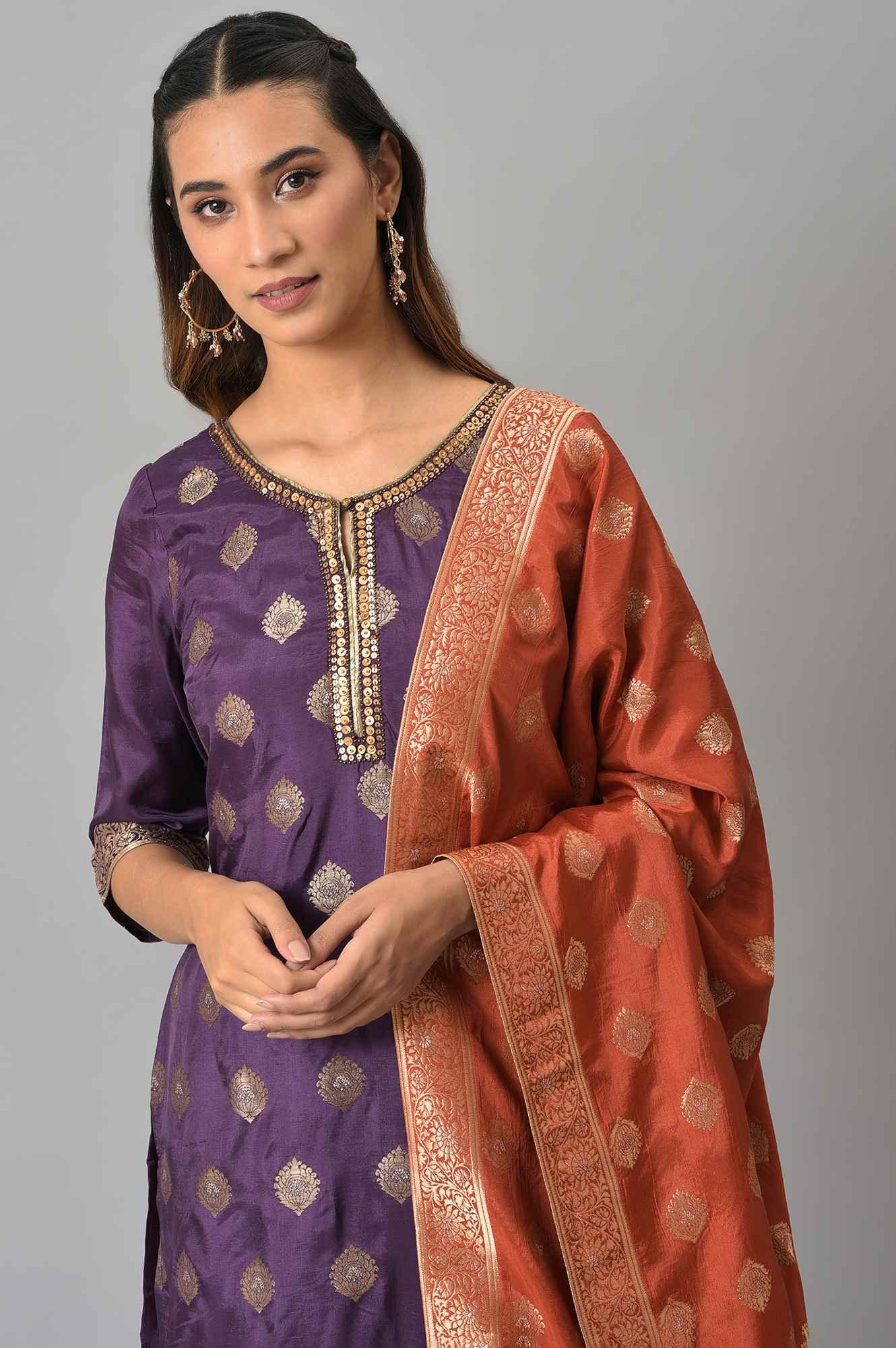 Purple Floral Print kurta With Orange Parallel Pants And Dupatta - wforwoman
