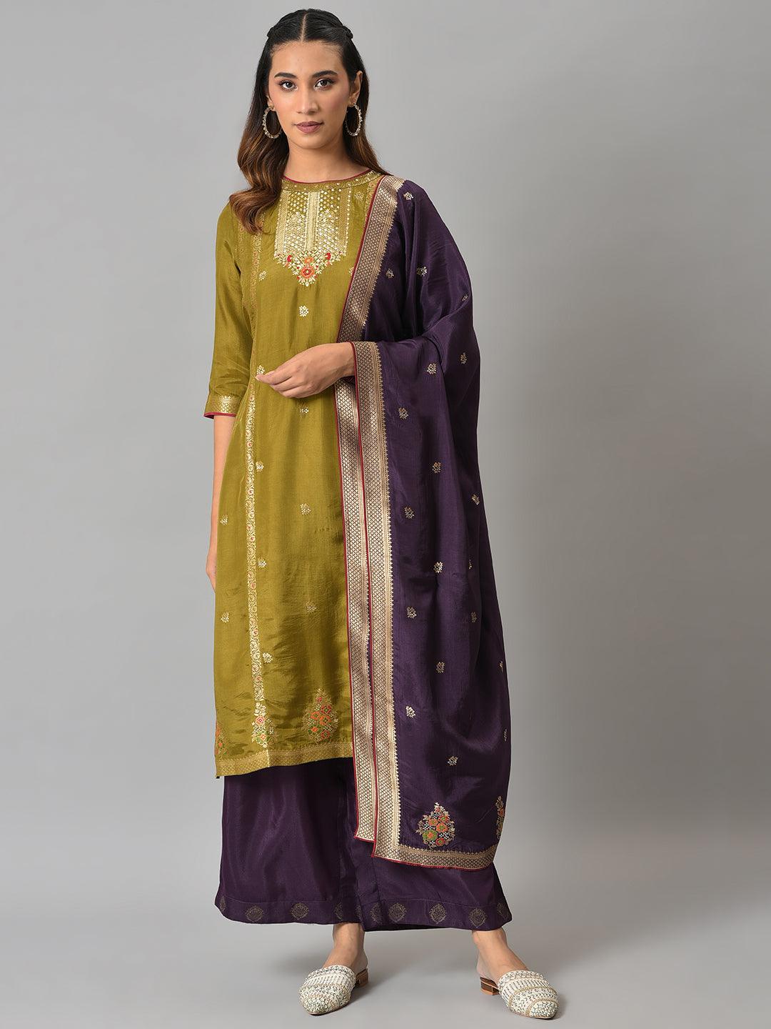 Dark Green Round Neck kurta With Purple Pants And Dupatta - wforwoman