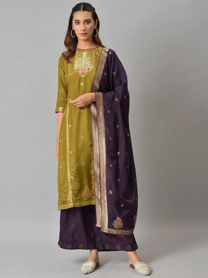 Dark Green Round Neck kurta With Purple Pants And Dupatta - wforwoman