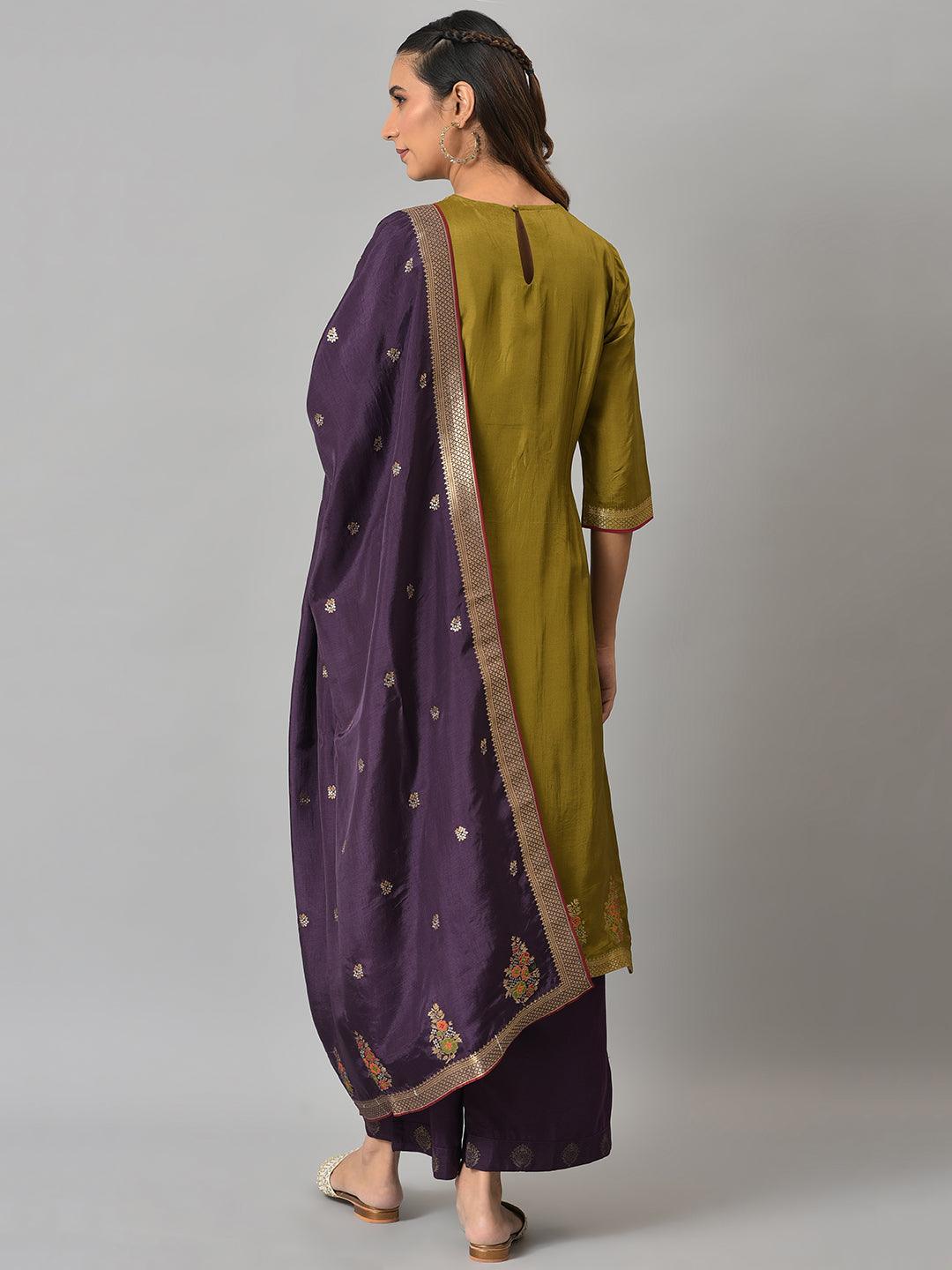 Dark Green Round Neck kurta With Purple Pants And Dupatta - wforwoman
