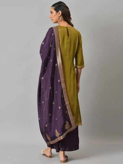 Dark Green Round Neck kurta With Purple Pants And Dupatta - wforwoman