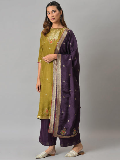 Dark Green Round Neck kurta With Purple Pants And Dupatta - wforwoman