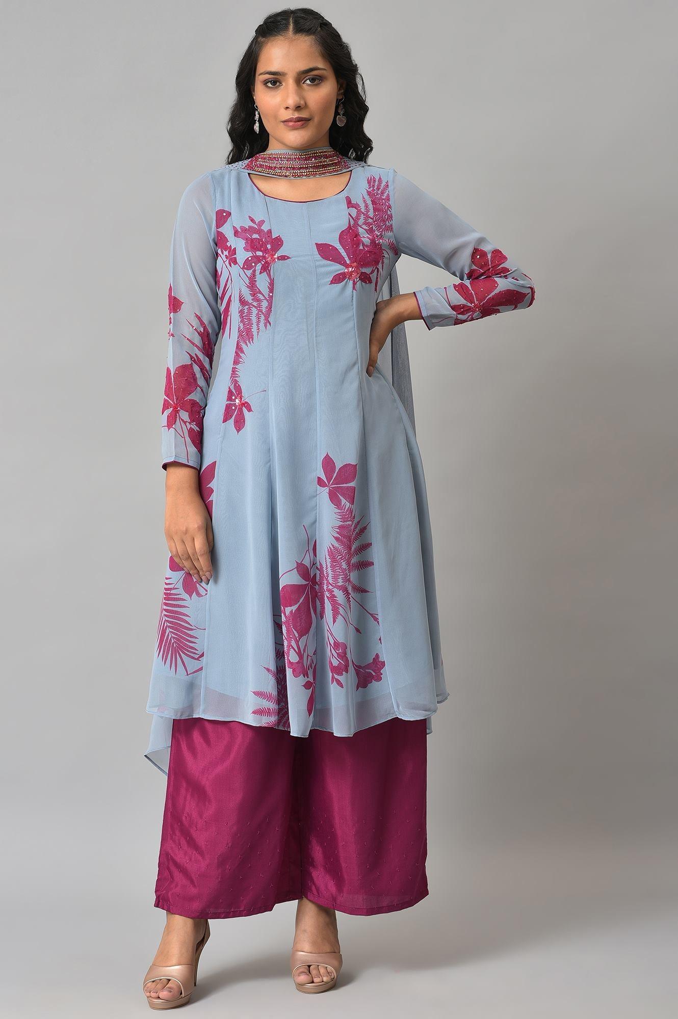 Light Blue Anarkali kurta With Pants And Predrape - wforwoman