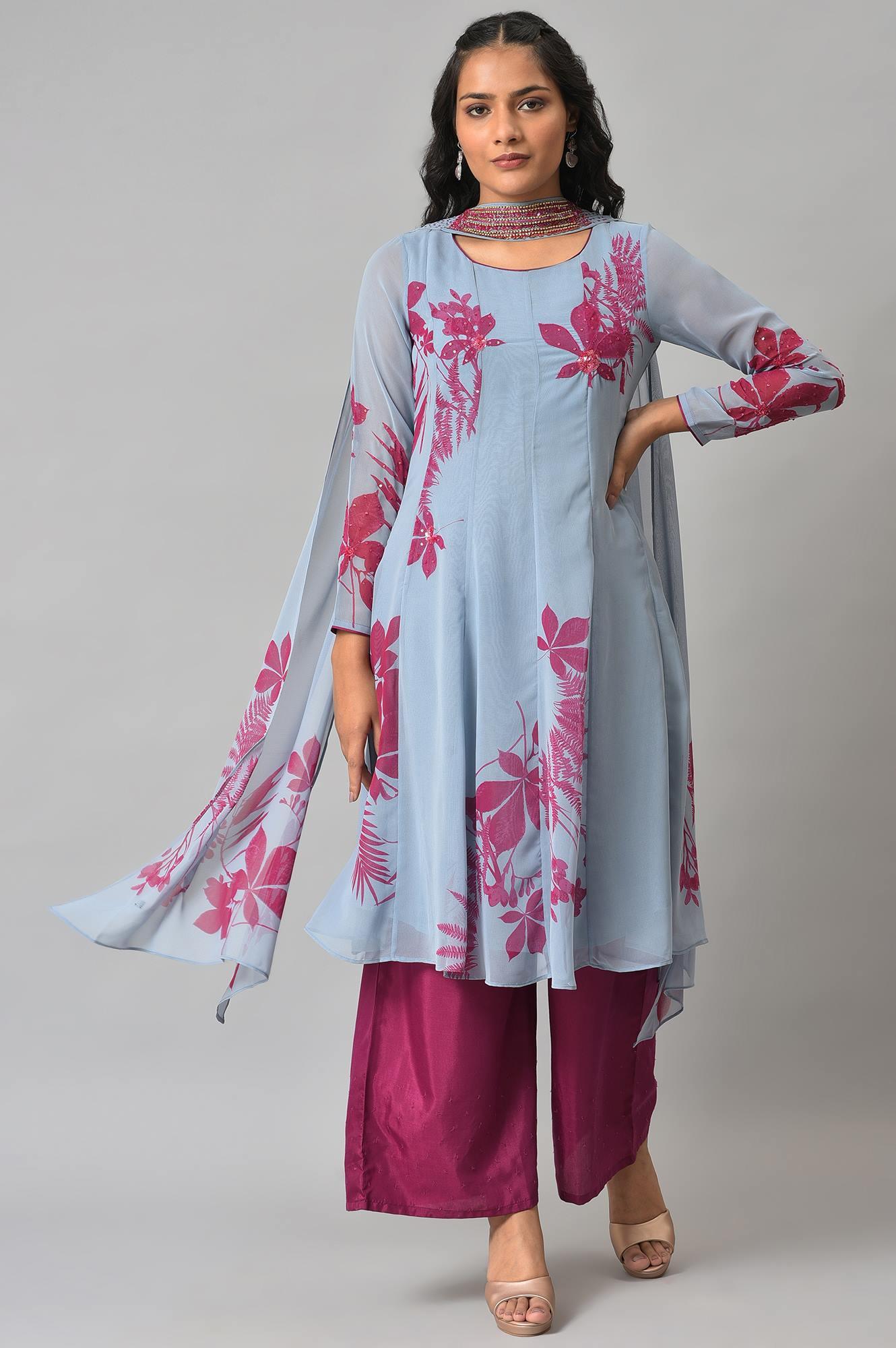 Light Blue Anarkali kurta With Pants And Predrape - wforwoman