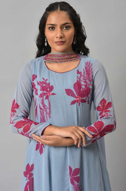 Light Blue Anarkali kurta With Pants And Predrape - wforwoman