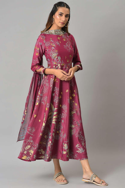 Purple French Crepe Long Dress With Dupatta - wforwoman