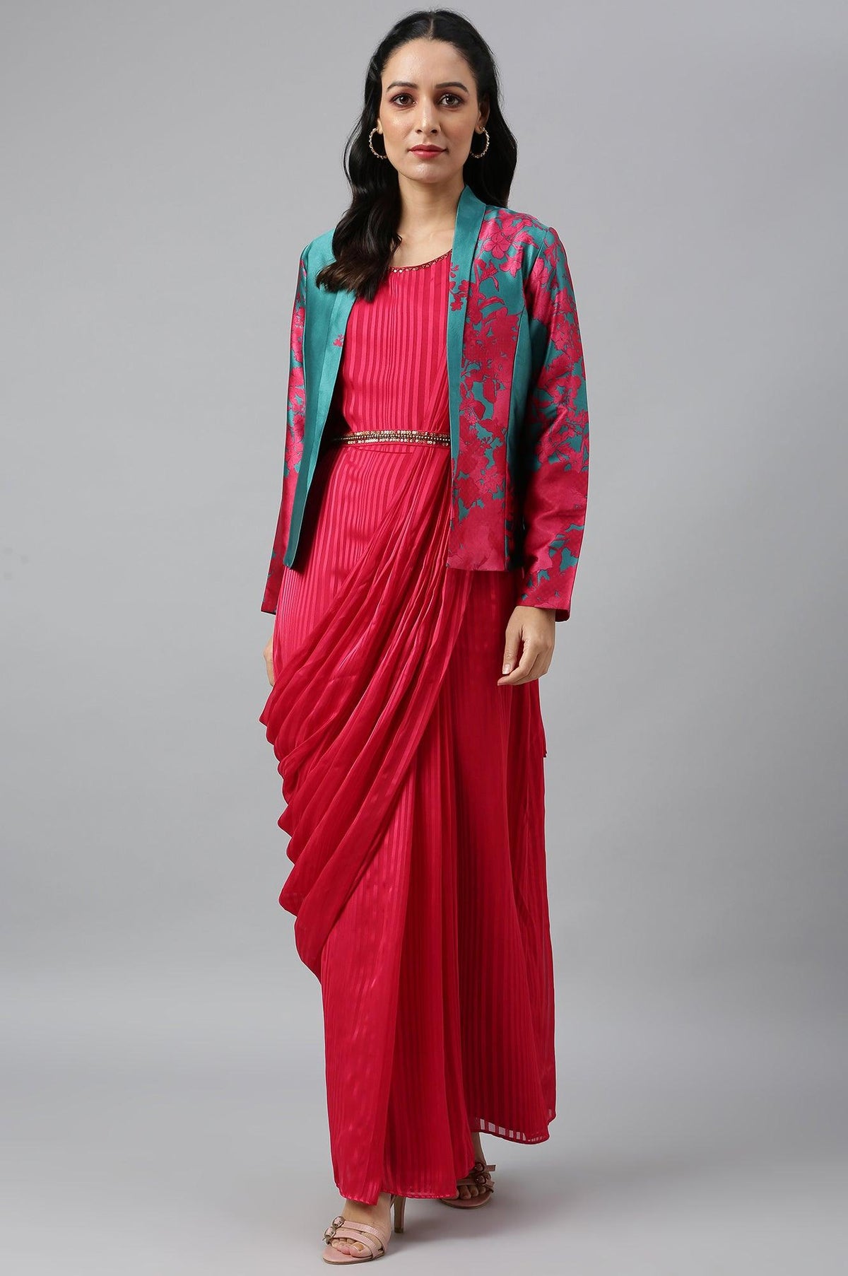 Coral Red Sleeveless Predrape Saree Dress with Belt and Tailored Jacket Set - 6