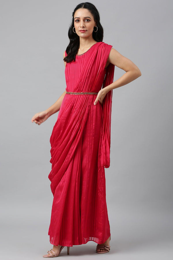Coral Red Sleeveless Predrape Saree Dress with Belt and Tailored Jacket Set