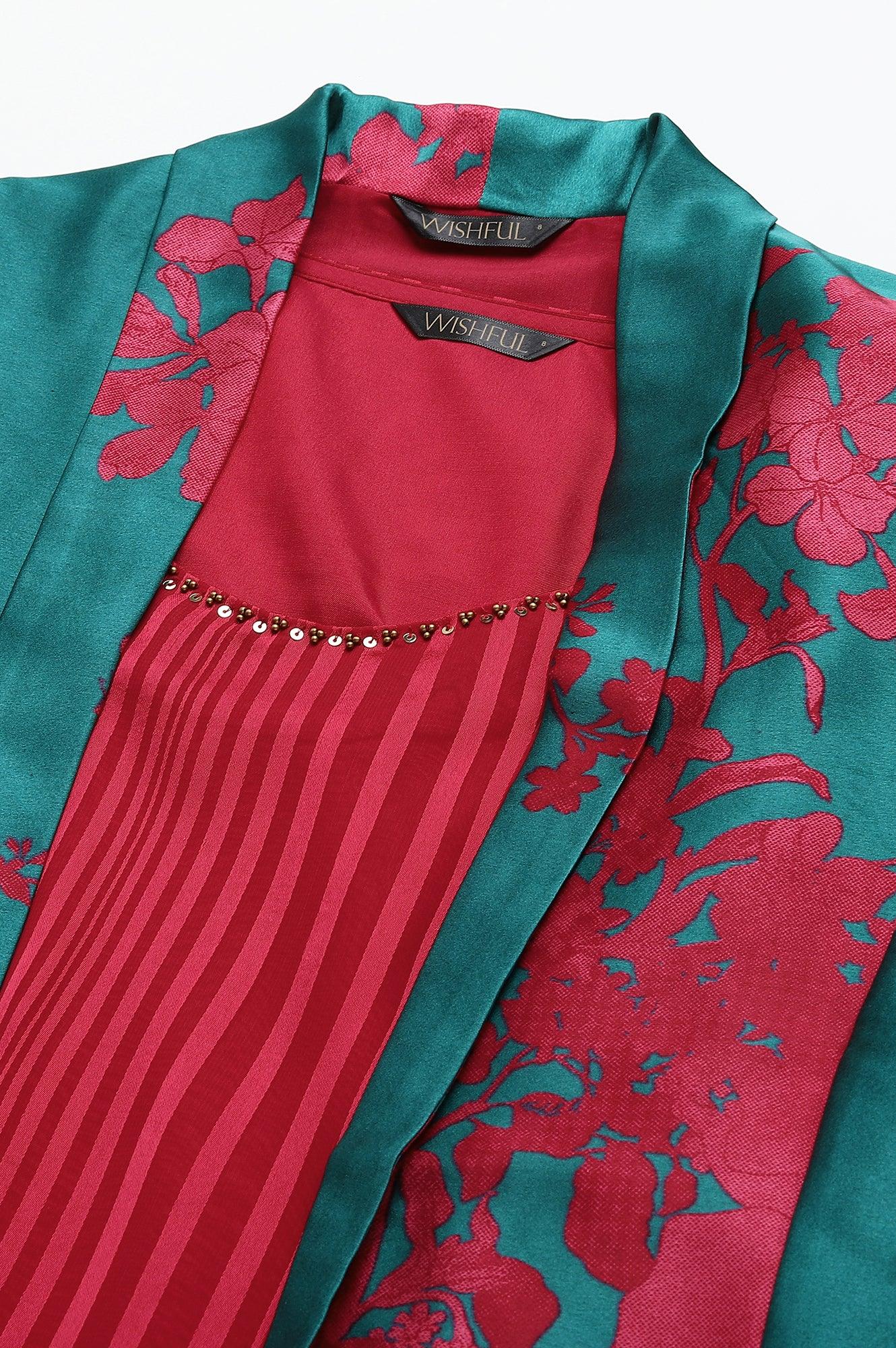 Coral Red Sleeveless Predrape Saree Dress With Belt And Tailored Jacket Set - wforwoman